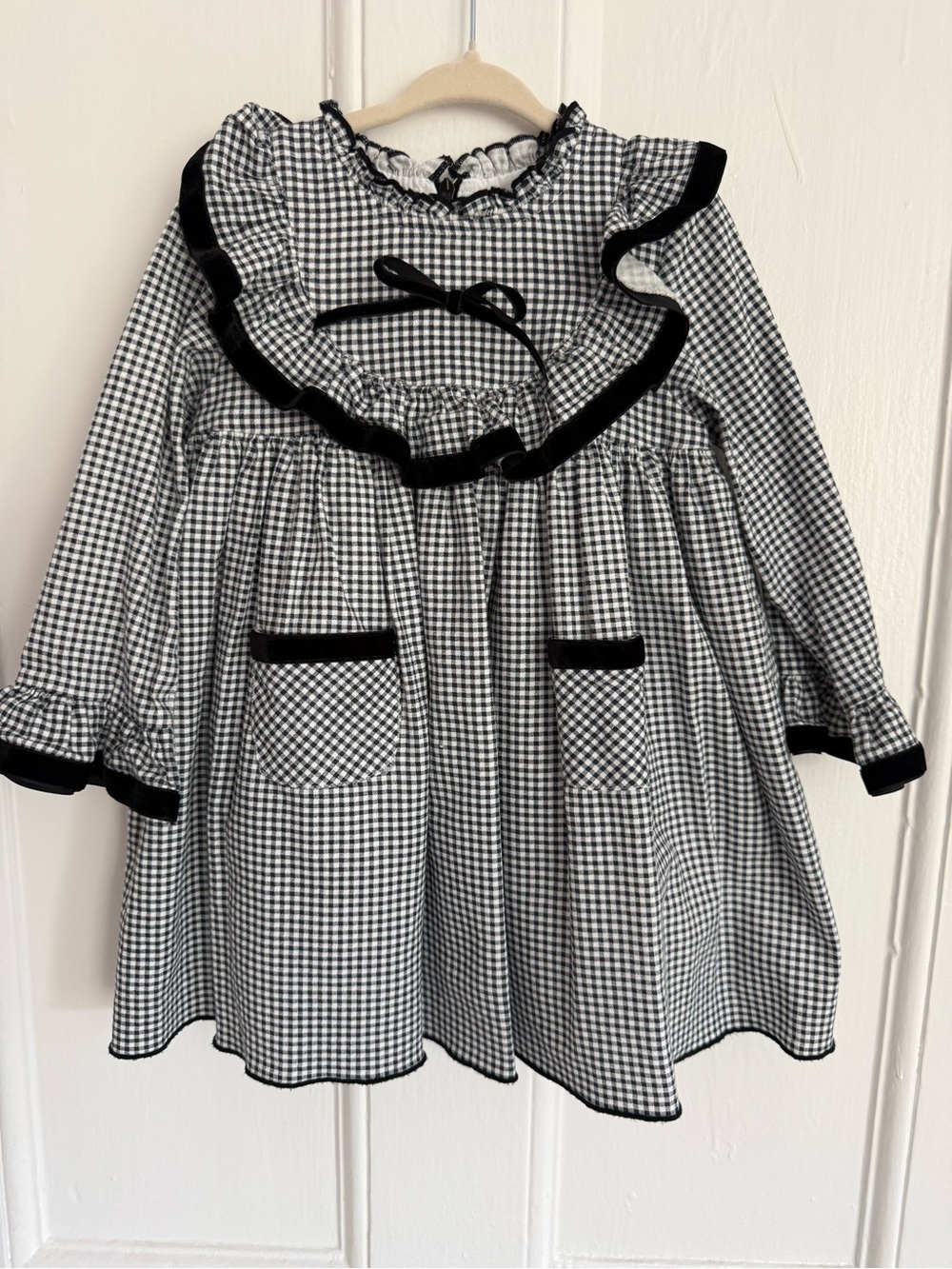 Black & White Gingham Ruffle Dress with Velvet Trim - Girls